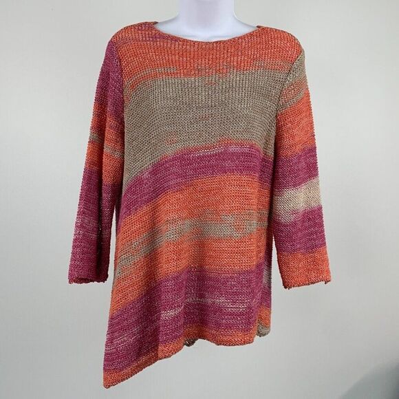 Chico's Sweater sz 2 (12) M Open Weave Colorful Striped Asymmetric Hem - Picture 1 of 8